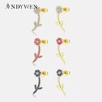 ANDYWEN серьги-гвоздики из стерлингового серебра 925 пробы с золотым цветком и цирконием CZ, прозрачные розовые, красные, синие Pendientes, женские ювелирные зажимы M