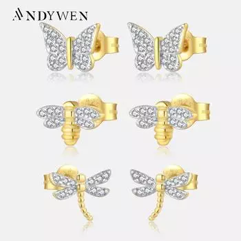 ANDYWEN Серьги-гвоздики из стерлингового серебра 925 пробы, золотые бабочки, стрекозы, пчелы, разделенные женские роскошные ювелирные украшения 2023, женские свадебные украшения M