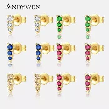 ANDYWEN серьги-гвоздики из стерлингового серебра 925 пробы, золота с тремя цирконами и кристаллами CZ, клипсы для пирсинга, 2023, женские ювелирные изделия в стиле рок-панк M
