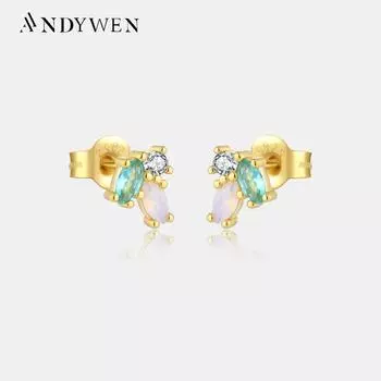 ANDYWEN серьги-гвоздики из стерлингового серебра 925 пробы, золота, радужного циркона с фианитом, роскошные ювелирные изделия для пирсинга, роскошные ювелирные изделия для свадебной вечеринки M