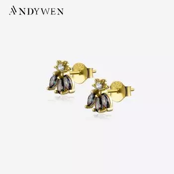 ANDYWEN серьги-гвоздики из стерлингового серебра 925 пробы с пчелой и радугой CZ Marqulse, роскошные ювелирные изделия в виде животных, подарок M