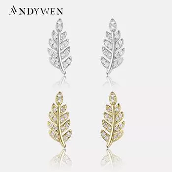 ANDYWEN серьги-гвоздики из стерлингового серебра 925 пробы с золотыми листьями, зажимы для пирсинга, женские роскошные весенние драгоценности Valentiens M