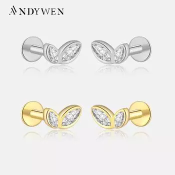 ANDYWEN серьги-гвоздики из стерлингового серебра 925 пробы с золотыми листьями, зажимы для пирсинга, роскошные женские зимние роскошные ювелирные украшения 2023 M
