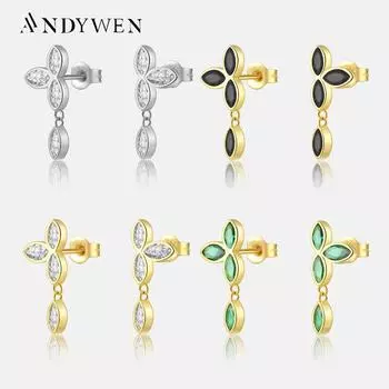 ANDYWEN, серьги-гвоздики из стерлингового серебра 925 пробы, золотые цветы, дерево, три листа, серьги-гвоздики для пирсинга, роскошные ювелирные изделия, 2023, свадебная вечеринка M