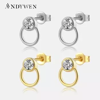 ANDYWEN серьги-гвоздики из стерлингового серебра 925 пробы с золотым кругом и цирконием, женские серьги-гвоздики с кристаллами, роскошные ювелирные изделия в подарок M