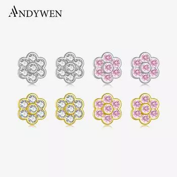 ANDYWEN Серьги-гвоздики из стерлингового серебра 925 пробы, позолоченные женские серьги с цветами и кубическим цирконием, ювелирные украшения m серебряный