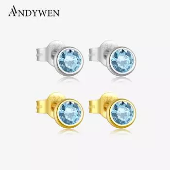 ANDYWEN Серьги-гвоздики из стерлингового серебра 925 пробы, серьги для пирсинга, позолоченные женские серьги, синие кубические цирконии, помолвочные украшения m серебряный