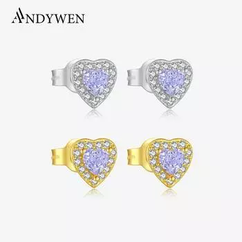 ANDYWEN Серьги-гвоздики из стерлингового серебра 925 пробы Серьги в форме сердца Фиолетовые кубические цирконии Инкрустация Ювелирные украшения Подарки m серебряный