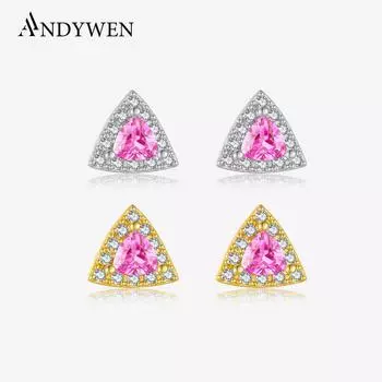 ANDYWEN Серьги-гвоздики из стерлингового серебра 925 пробы, серьги для пирсинга, женские серьги с позолотой 18 карат, треугольные кубические цирконии, ювелирные украшения M серебряный