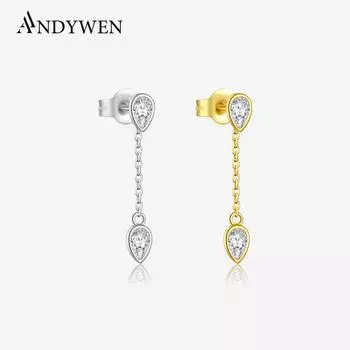 ANDYWEN Серьги-гвоздики из стерлингового серебра 925 пробы Серьги-цепочки с кубическим цирконием, позолоченные 18 карат | Великолепные украшения для свадьбы Подвески m серебряный