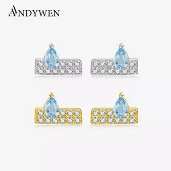 ANDYWEN Серьги-гвоздики из стерлингового серебра 925 пробы, позолоченные квадратные женские серьги-подвески с кубическим цирконием, ювелирные украшения m серебряный