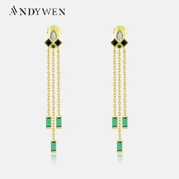 ANDYWEN серьги-капли из стерлингового серебра 925 пробы, золотого и зеленого цвета с фианитом, длинная цепочка, роскошные ювелирные изделия, 2023, ювелирные изделия с кристаллами M