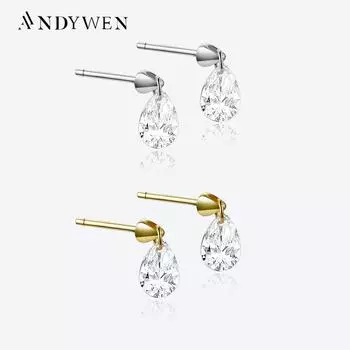 ANDYWEN, серьги-клипсы из стерлингового серебра 925 пробы, золото, овальная капля воды, женские роскошные ювелирные изделия, 2023, кристаллы в стиле рок, панк, драгоценности M