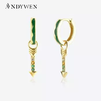 ANDYWEN, серьги-обнимашки из стерлингового серебра 925 пробы, золото, зеленая стрелка, женские серьги-обнимашки в стиле рок-панк, зажимы для пирсинга, 2023, изящные ювелирные изделия M