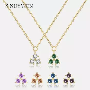 ANDYWEN, стерлинговое серебро 925 пробы, красочные три циркона, кулон-цепочка, ожерелье, роскошный циркон, модные украшения с фианитом для женщин, прекрасный подарок M