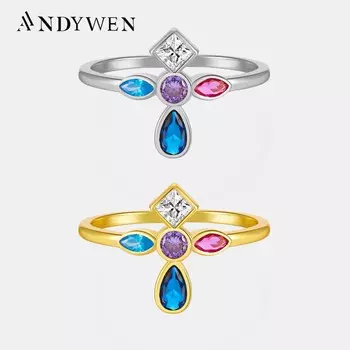 ANDYWEN, стерлинговое серебро 925 пробы, пять цветов, кольца с крестом, женские роскошные радужные роскошные модные ювелирные изделия с роскошными кристаллами 6