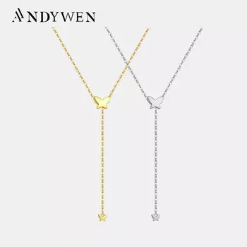 ANDYWEN, стерлинговое серебро 925 пробы, Золотая бабочка, регулируемое ожерелье, длинная цепочка, женские ювелирные изделия, подарок M