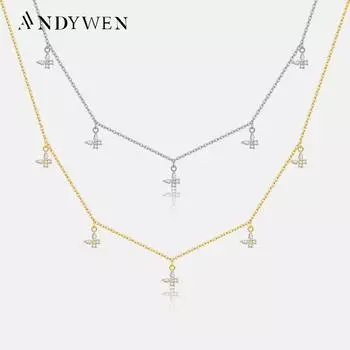 ANDYWEN, стерлинговое серебро 925 пробы, Золотая бабочка, циркон, подвеска, длинная цепочка-колье с фианитом, женское колье, новинка 2023, ювелирные изделия для свадебной вечеринки M