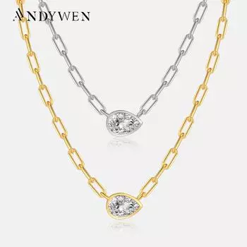 ANDYWEN, стерлинговое серебро 925 пробы, Золотая цепочка с гороскопом, большая груша, кулон, длинная цепочка, ожерелье для женщин, 2023, зимние драгоценности M
