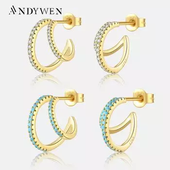ANDYWEN, стерлинговое серебро 925 пробы, золото, два круга, обруч для пирсинга, роскошные женские изысканные бирюзовые роскошные украшения Pendiente M