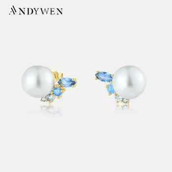 ANDYWEN, стерлинговое серебро 925 пробы, золото, роскошные серьги-гвоздики с жемчугом, женские серьги-гвоздики 2023, роскошное высокое ювелирное искусство M