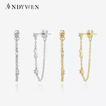 ANDYWEN, стерлинговое серебро 925 пробы, золото, три фианита, серьги-гвоздики для пирсинга, подвесные женские серьги-гвоздики, роскошная цепочка для пирсинга, изящные ювелирные изделия M