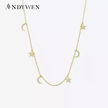 ANDYWEN, стерлинговое серебро 925 пробы, звезда, луна, CZ циркон, очаровательные бусины, роскошное длинное колье, ожерелье, 2023, женские свадебные изысканные драгоценности M