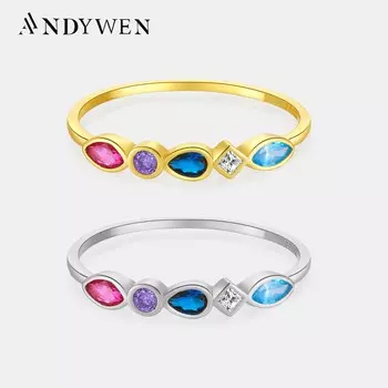 ANDYWEN Стерлингового Серебра 925 пробы Радуга Голубая Роза Красные Кольца Женщины Рок Панк Красочные Роскошные Кольца Ювелирные Изделия 6