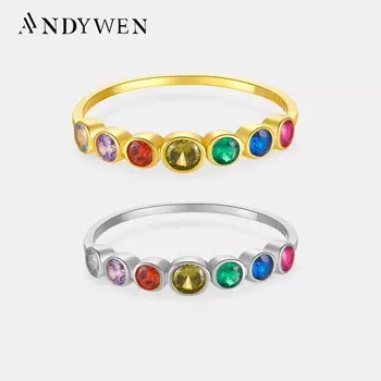 ANDYWEN, стерлингового серебра 925 пробы, радужные разноцветные кольца с 7 цирконами, женские круглые ювелирные изделия в стиле рок-панк, 2023, изящные ювелирные изделия 6