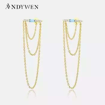 ANDYWEN стерлингового серебра 925 пробы стильные великолепные серьги из стерлингового серебра с позолоченными цирконами и несколькими цепочками женские роскошные ювелирные украшения M