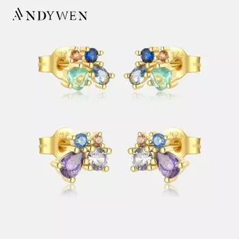 ANDYWEN, стерлингового серебра 925 пробы, золота, красочные циркониевые серьги-гвоздики в виде бабочки, клипсы для женщин, ювелирные изделия, вечерние пирсинг, роскошные драгоценности M