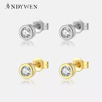ANDYWEN, стерлингового серебра 925 пробы, золота, круглые серьги-гвоздики, зажимы для женщин, пирсинг, свадебные украшения, 2023, роскошные хрустальные драгоценности M