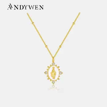 ANDYWEN, стерлингового серебра 925 пробы, золота, кулон LADY LOURDES с Девой Марией, цепочка с бусинами, длинное ожерелье, 2024, женские ювелирные изделия M