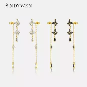 ANDYWEN, стерлингового серебра 925 пробы, золота, прозрачная цепочка с бабочкой и цирконием, серьги-подвески, ювелирные изделия в стиле рок-панк, модные зажимы с кристаллами на свадьбу M