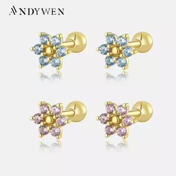 ANDYWEN стерлингового серебра 925 пробы, золота, синего, розового цвета с фианитом и цирконием, серьги-гвоздики, зажимы для пирсинга, женские роскошные ювелирные украшения M