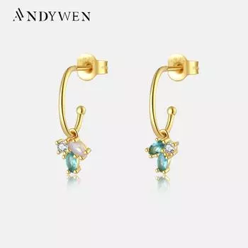 ANDYWEN, стерлингового серебра 925 пробы, золота, весенней радуги, серьги-капли с фианитами, серьги-капли для пирсинга, 2023, свадебные специальные украшения M