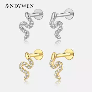 ANDYWEN Стерлингового Серебра 925 пробы, Золотая змея, CZ, циркон, роскошные серьги-гвоздики, женские роскошные изящные ювелирные изделия, подарок M