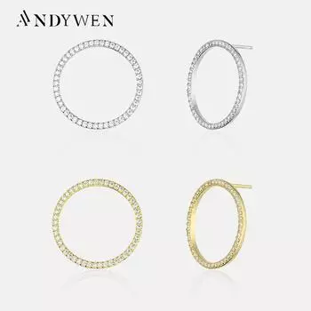 ANDYWEN стерлингового серебра 925 пробы, золото, большой круг, CZ Pave, серьги-гвоздики, клипсы, роскошные ювелирные изделия, круглые хрустальные женские клипсы, драгоценности M