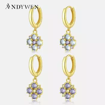 ANDYWEN, стерлингового серебра 925 пробы, золотой цветок, циркон, CZ, очаровательные серьги-капли, женские роскошные зажимы для пирсинга, петли, круглые блестящие ювелирные изделия M