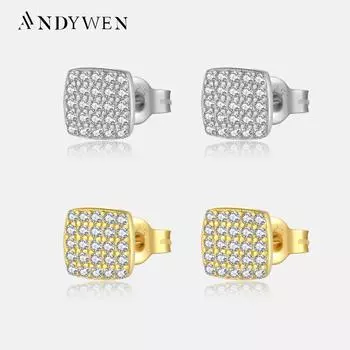 ANDYWEN стерлингового серебра 925 пробы Золотые квадратные серьги пирсинг женские ювелирные изделия с цирконием тонкий кристалл M