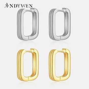 ANDYWEN стерлингового серебра 925 пробы, золотые простые квадратные серьги-кольца, круглые женские ювелирные украшения в стиле рок-панк M