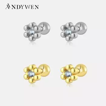 ANDYWEN стерлингового серебра 925 пробы, золотые серьги-гвоздики с цветком Маргариты, женские серьги-гвоздики с синим фианитом и цирконием, ювелирные украшения M