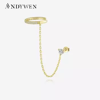 ANDYWEN, стерлингового серебра 925 пробы, золотые серьги-гвоздики для пирсинга, 2 отверстия, серьги в стиле рок-панк, клипсы без пирсинга для ушей, женские украшения M