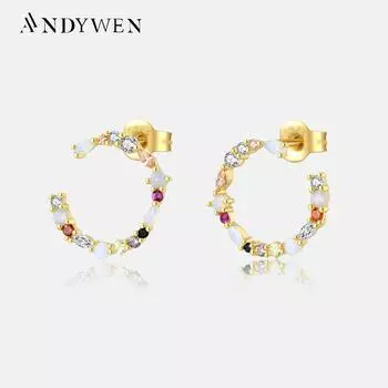 ANDYWEN стерлингового серебра 925 пробы, золотые серьги-гвоздики в виде радужного круга, женские серьги-гвоздики с радугой и цирконием, ювелирные изделия с тонкими кристаллами, красочные свадебные M