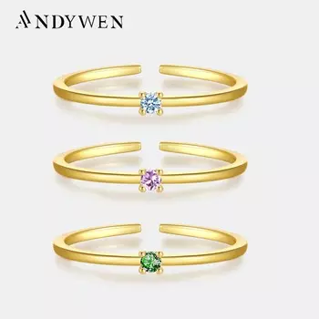 ANDYWEN, тонкое женское регулируемое кольцо из стерлингового серебра 925 пробы с радужным цирконом, регулируемое кольцо, роскошные ювелирные изделия с кристаллами, подарок для женщин M