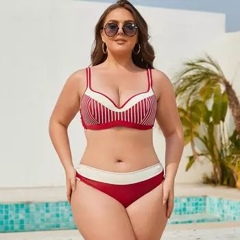 Andzhelika сексуальный полосатый бикини женский купальник лоскутный комплект бикини с большой чашкой плюс размер купальный костюм