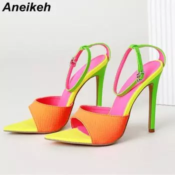 Aneikeh/2023, модные пикантные летние босоножки на тонком высоком каблуке с острым носком и ремешком на щиколотке, женская обувь оранжевого цвета, размер 35-41