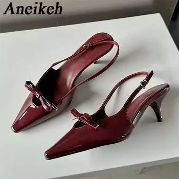 Aneikeh 2024, дизайнерские туфли-лодочки с бантом и пряжкой на ремешке, женские пикантные женские туфли-мулы на тонком каблуке с острым носком, свадебное платье, банкетное платье 35 чёрный