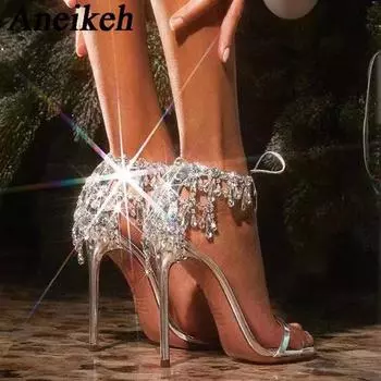 Aneikeh, блестящие серебряные сандалии с кисточками и стразами, с открытым носком, на шнуровке, босоножки на шпильке с ремешками на щиколотке, летняя вечерние женская обувь 35