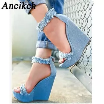 Aneikeh Blue Designer Denim Sandals Summer Woman Wedges High Heels Peep Toe Platform Roman Dresses Shoes 35-40 35